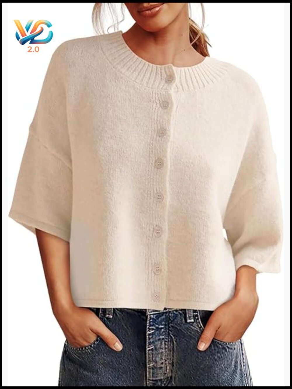 3/4 Sleeve Cropped Cardigan Sweater Button Down Knit Top